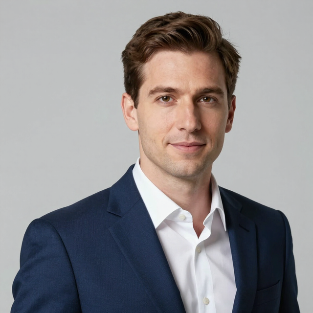 Studio portrait of a man in a navy suit and white shirt against a gray background