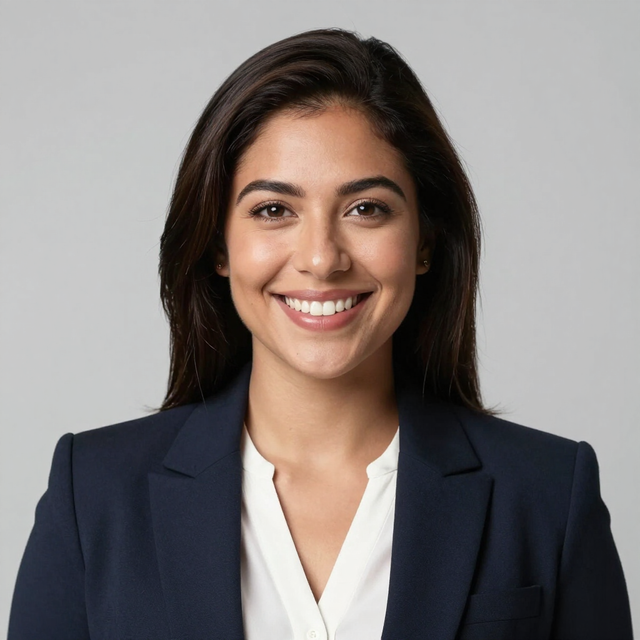 Smiling professional in a navy blazer and white blouse against a light gray background