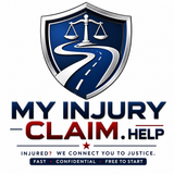 Blue legal shield logo with scales and road above “MY INJURY CLAIM.HELP” text and justice tagline