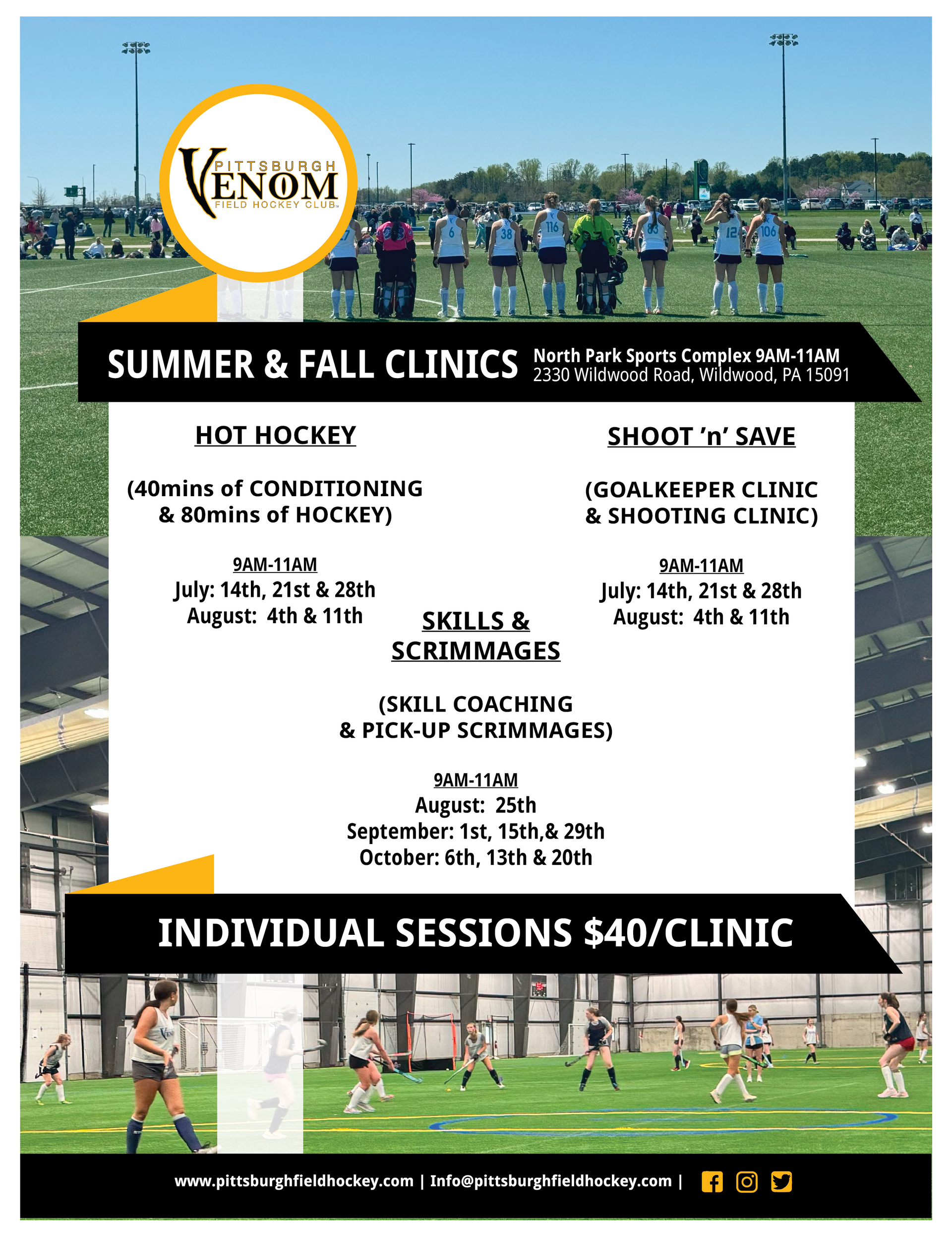 A poster for a summer and fall clinic with a picture of people playing soccer on a field.