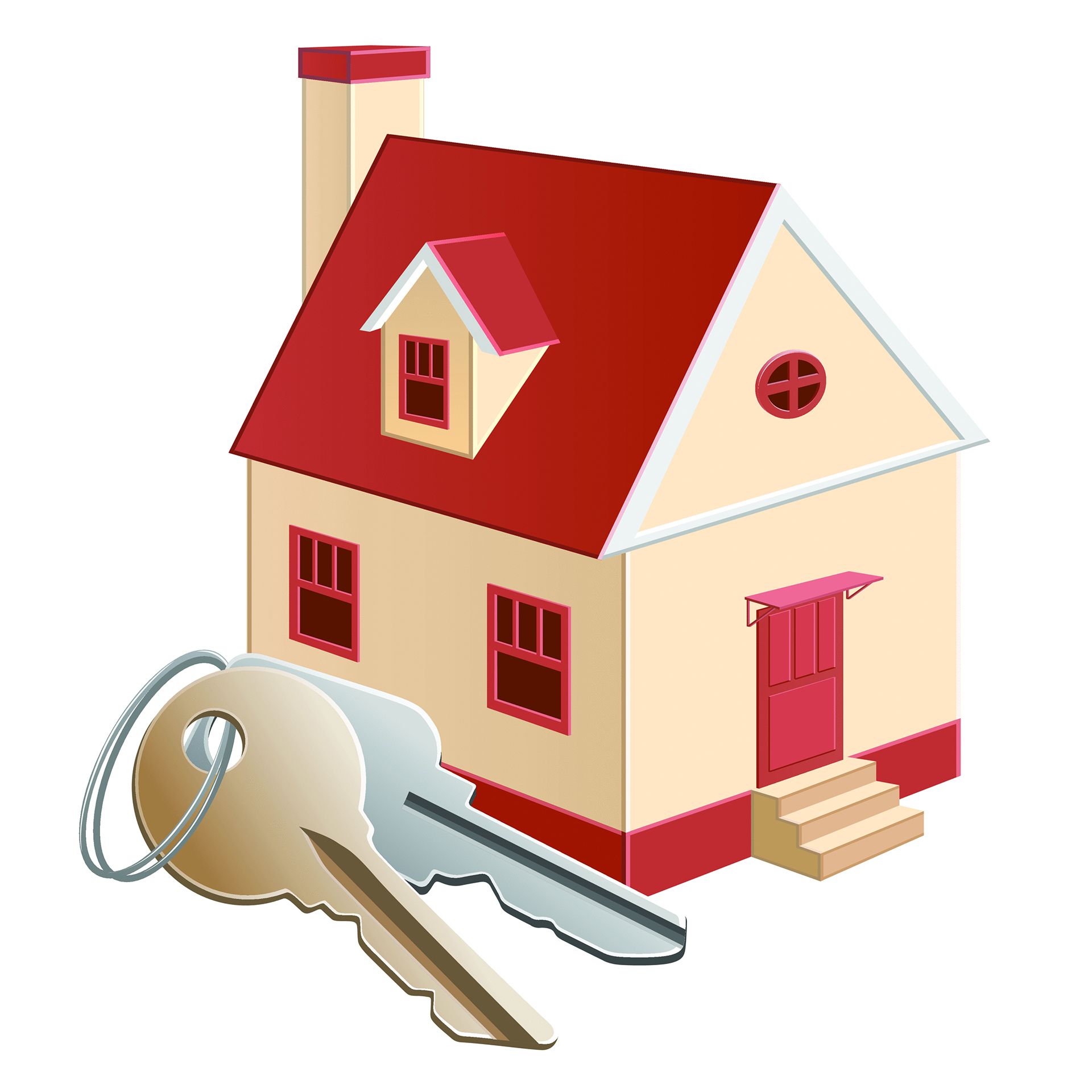 Una casa con techo rojo y dos llaves al lado.