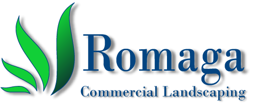 A logo for romaga commercial landscaping with green leaves