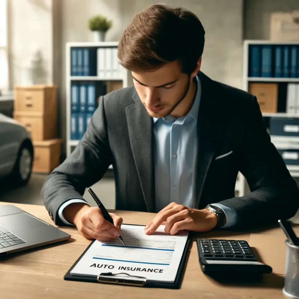 A man in a suit is sitting at a desk writing on a clipboard.