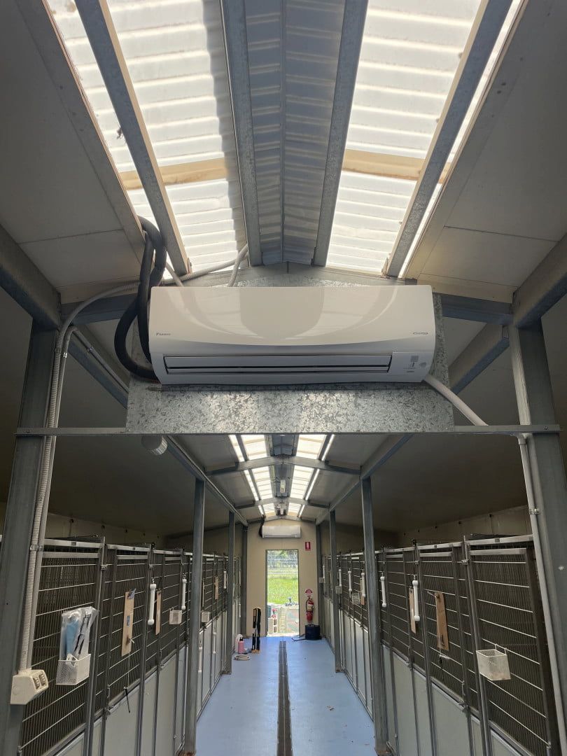 Interior of a Livestock Barn With Rows of Enclosures and a Ceiling-mounted Fan — Deltech HVACR in Georgetown, NSW