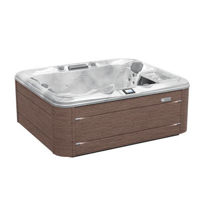 Hot tub with brown wicker-style exterior and grey interior.