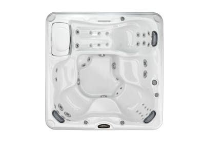 Top-down view of a white, square hot tub with multiple seating areas and jets.