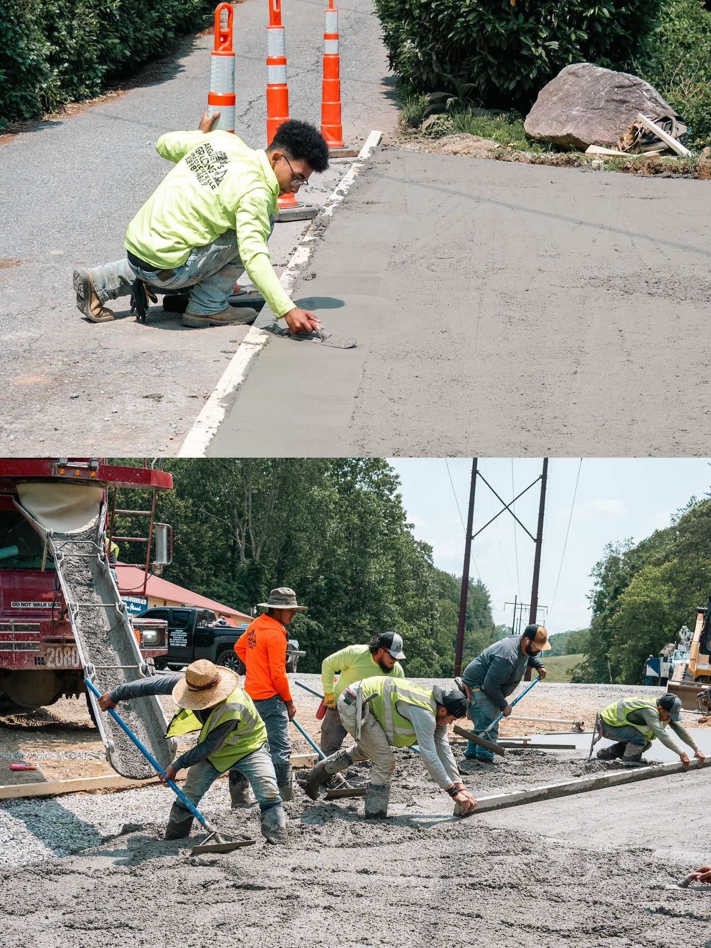 Top: Construction worker applying concrete to road edge. Bottom: Workers leveling fresh concrete on road.