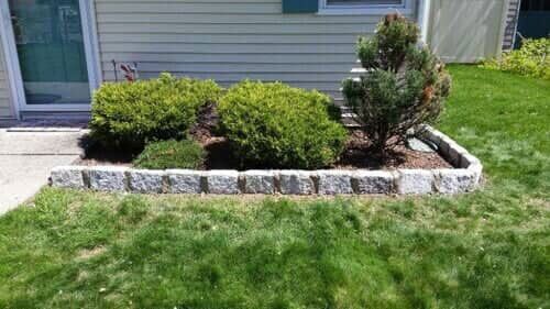 Flowerbed edged with gray stones contains green bushes and a small tree, set against a light-colored house with a green door.