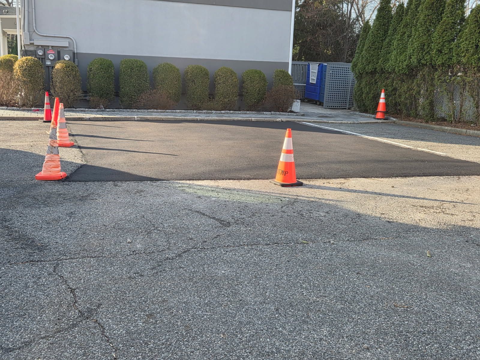 A driveway with a freshly paved black asphalt section leading to a garage. The driveway borders grass and shrubs.
