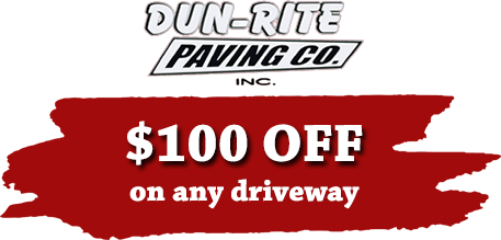 Dun-Rite Paving Co. $100 off on any driveway coupon. White text on a red blotch against a white background.