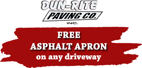 Advertisement for Dun-Rite Paving Co. featuring a red banner offering a free asphalt apron on any driveway.