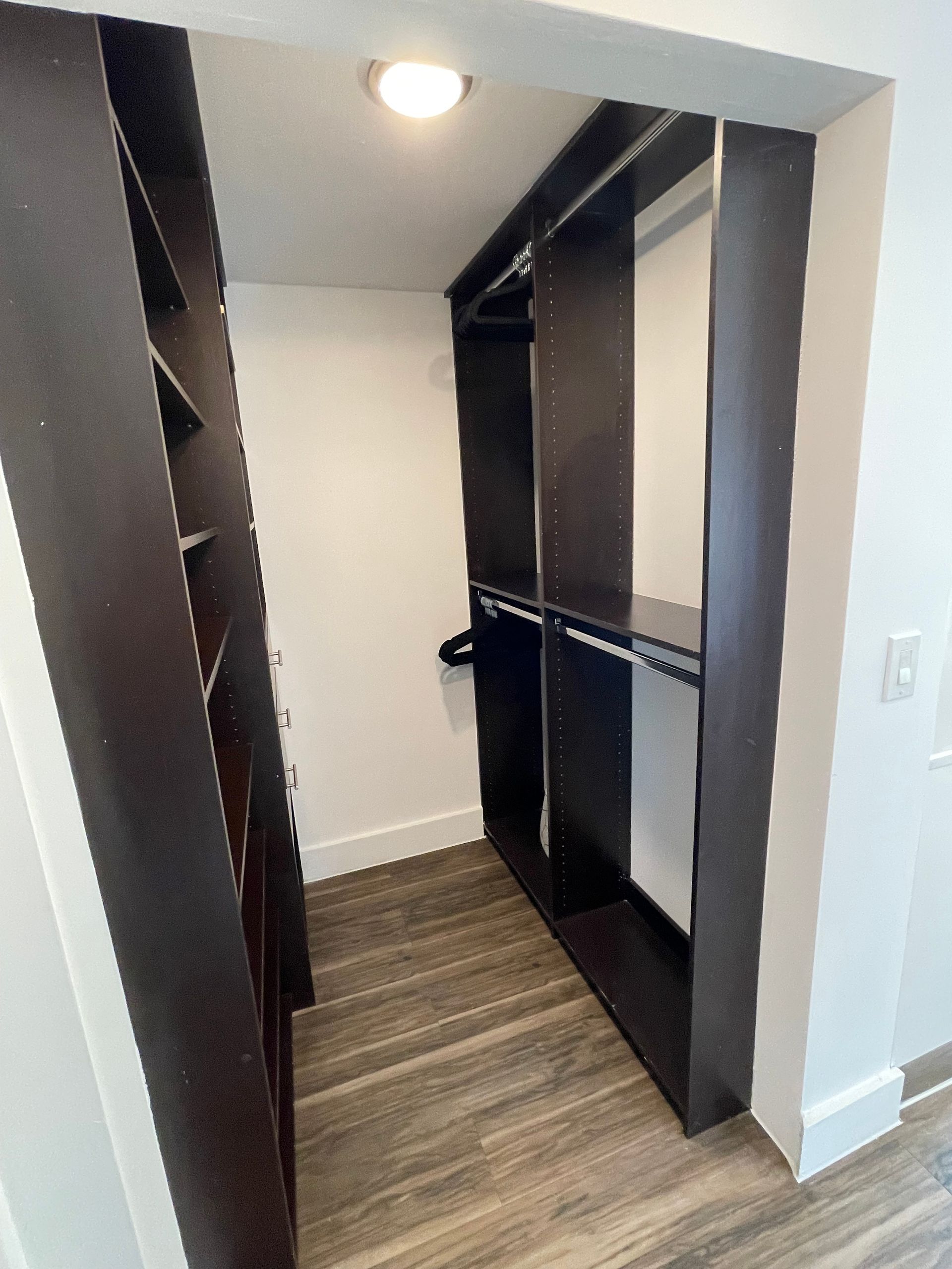 Walk-in closet with dark shelving, white walls, and wood-look flooring.