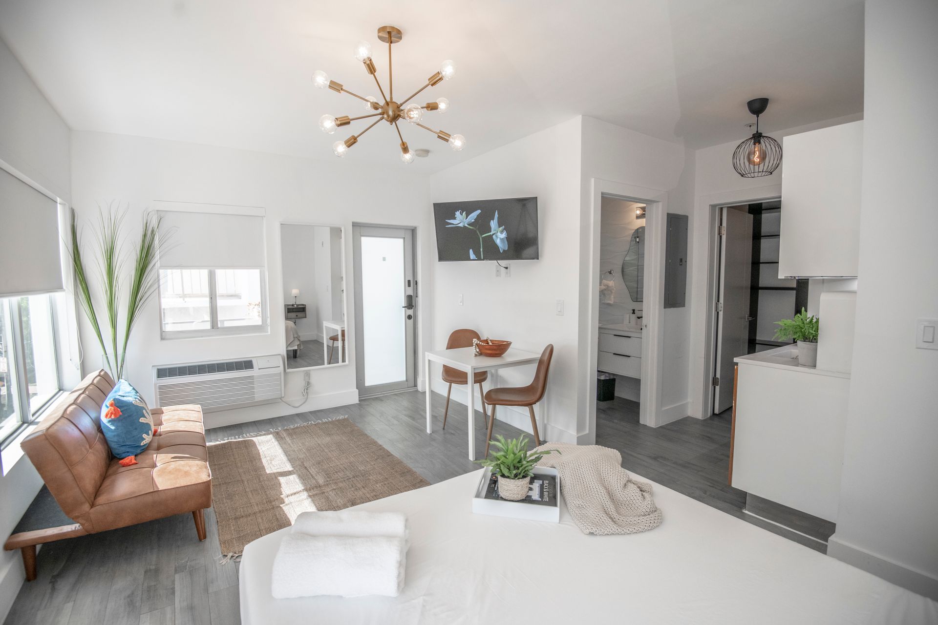 Bright studio apartment with a bed, sofa, dining table, and bathroom visible.