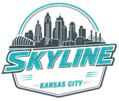 Kansas City skyline logo with teal “SKYLINE” text and gray city silhouette