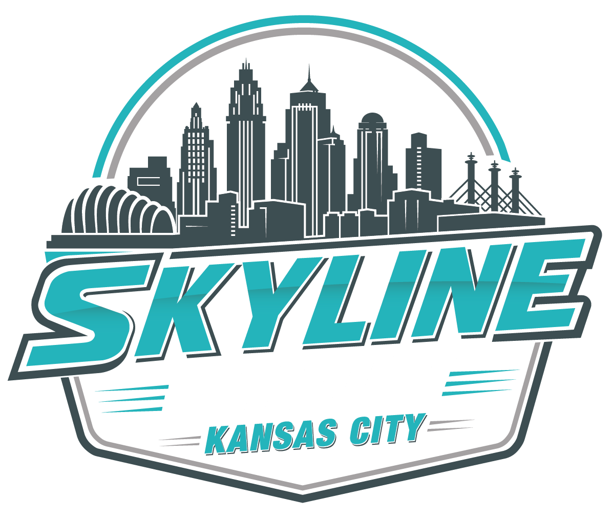 Kansas City skyline logo with teal &ldquo;SKYLINE&rdquo; text and gray city silhouette