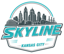 Kansas City skyline logo with teal &ldquo;SKYLINE&rdquo; text and gray city silhouette