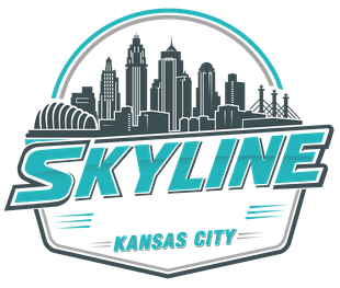 Kansas City skyline logo with teal &ldquo;SKYLINE&rdquo; text and gray city silhouette