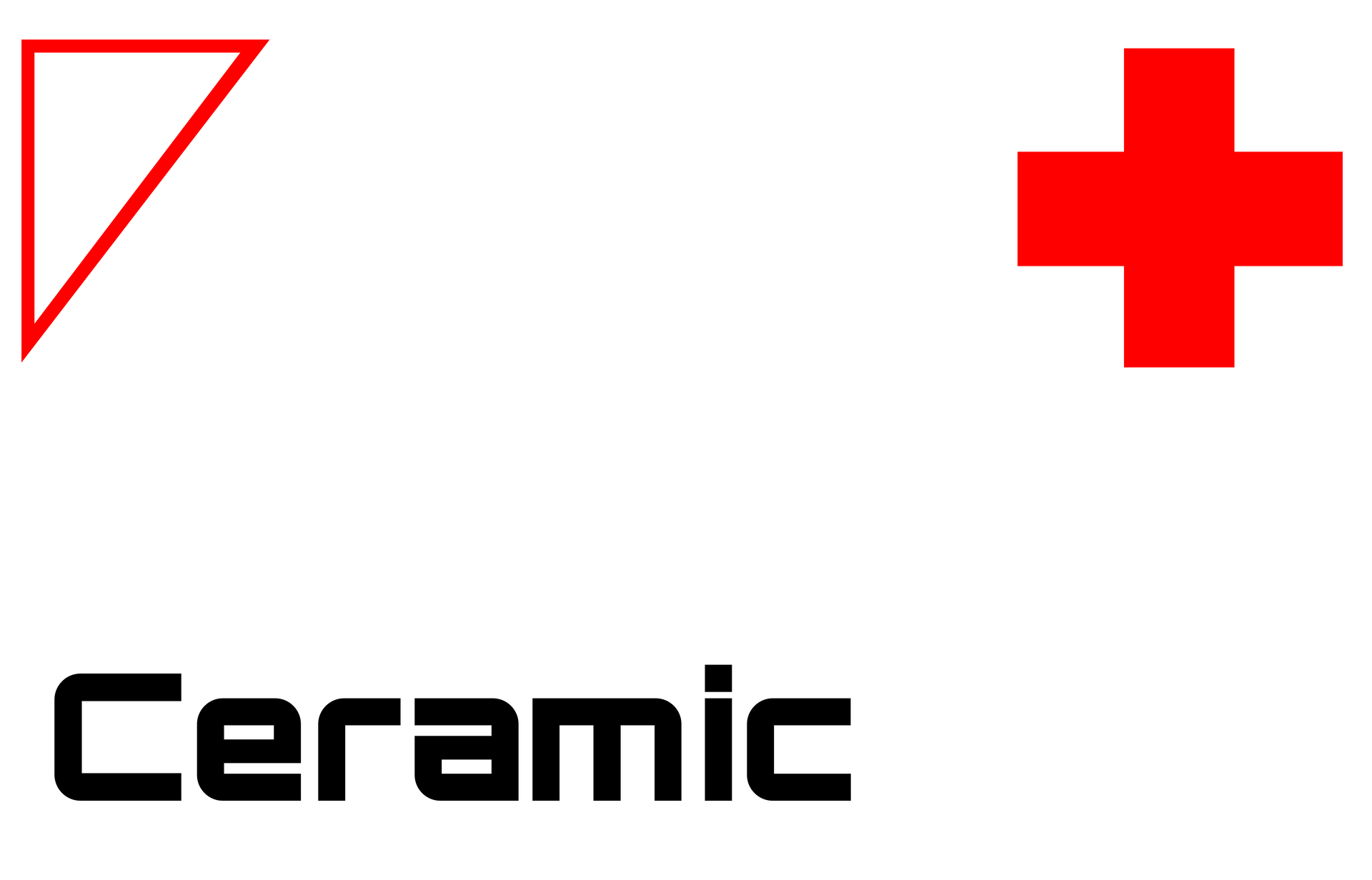 White background with a red geometric corner mark, red cross, and the word “Ceramic” in black.