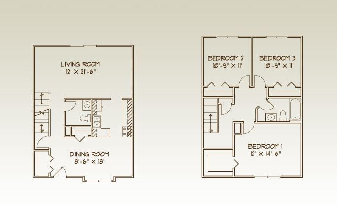 Floor plan of a two-story house. First floor: living, dining, kitchen. Second floor: 3 bedrooms, bathroom. Floor plan of a two-story house. First floor: living, dining, kitchen. Second floor: 3 bedrooms, bathroom.