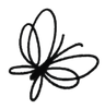 Dibujo de línea negra de una mariposa con alas curvas, vista de lado.