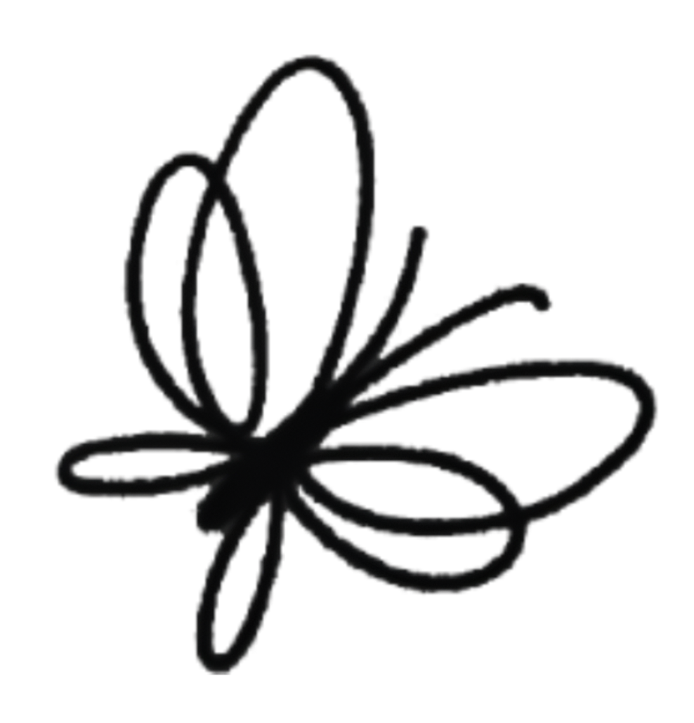 Dibujo de línea negra de una mariposa con alas curvas, vista de lado.