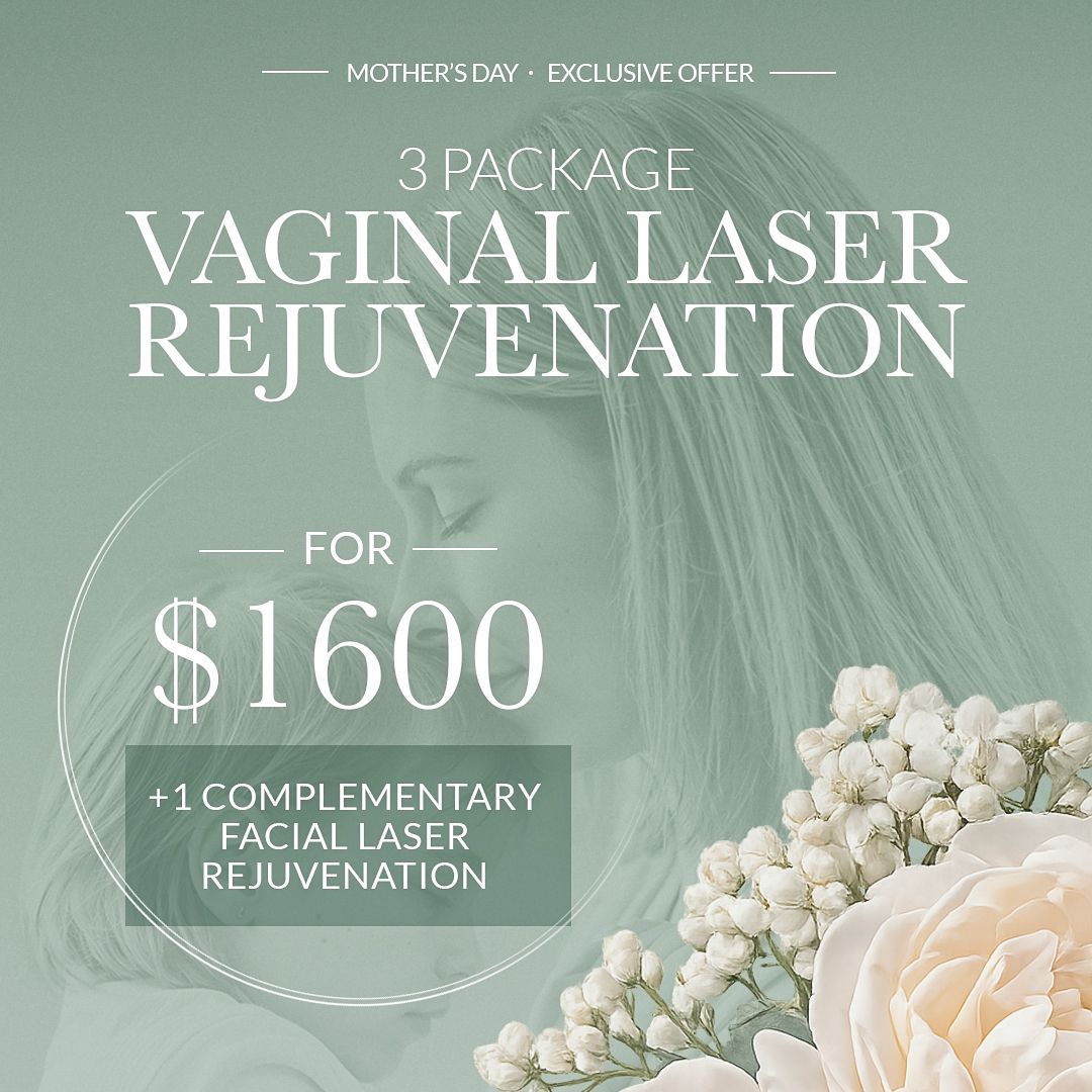 Promotional graphic for vaginal laser rejuvenation, $1600 package with complimentary facial laser rejuvenation, pale floral design