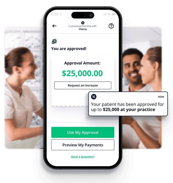 A phone screen shows that a patient has been approved for up to $25,000 at their practice