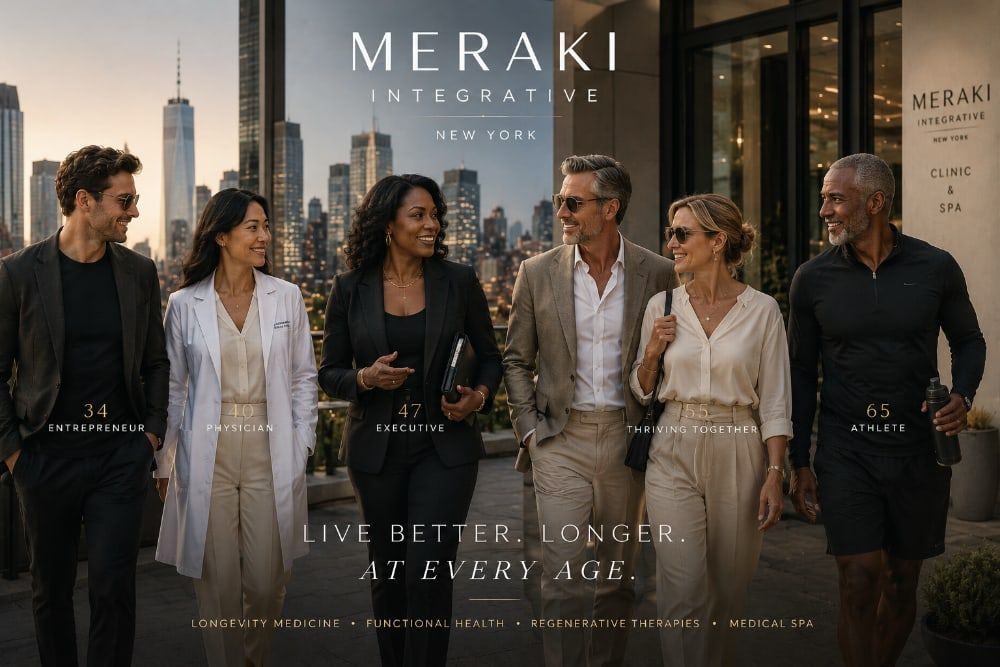Five stylish people walking outside Meraki Interactive offices at sunset, with the slogan “Live better longer.”