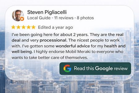Google review by Steven Pigliacelli for Mobil Meraki: 5-star review about good advice for health and wellbeing.