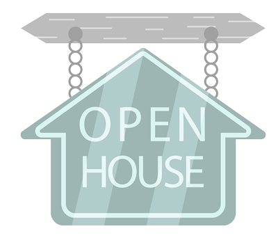 Open house sign in the shape of a house, with the words 