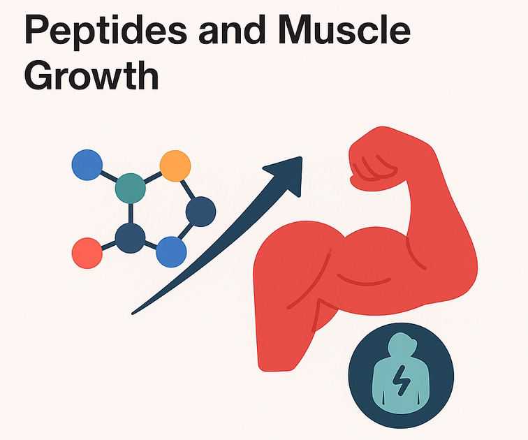 Chemical structure increasing muscle strength; icon of person with energy.