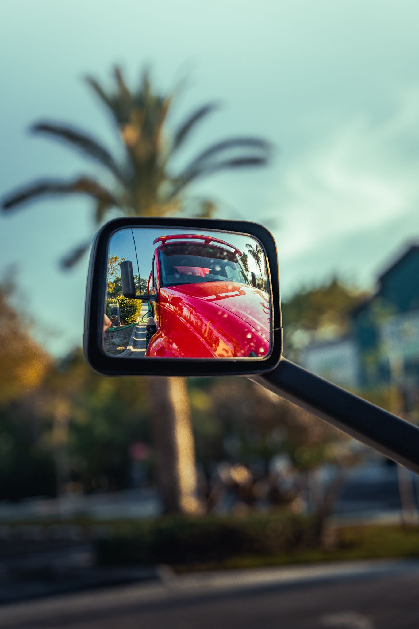 A red car is reflected in a side view mirror.