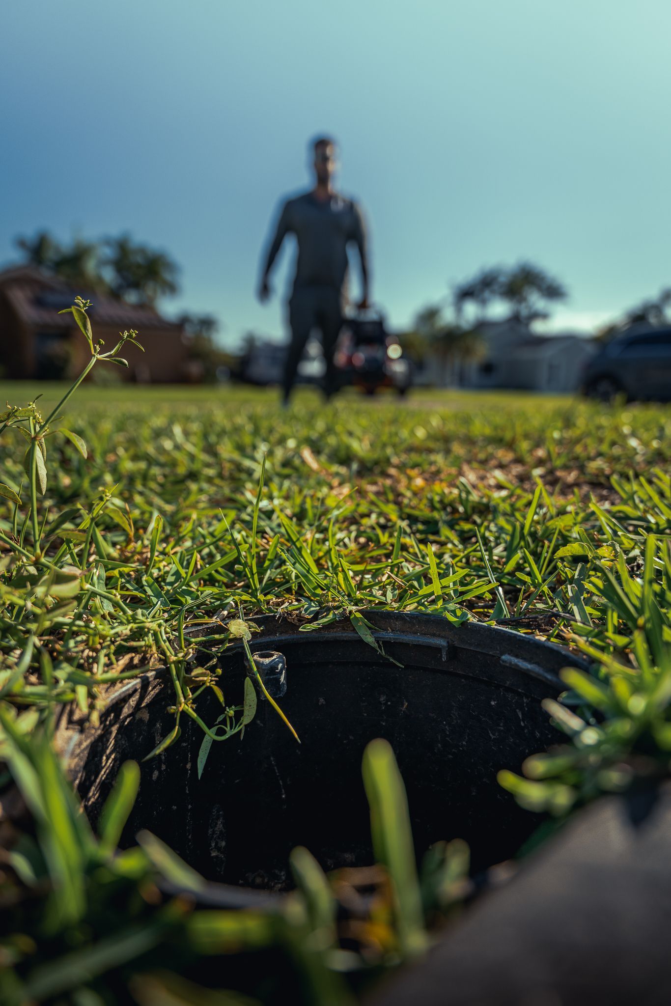 A man is standing in the grass with a lawn mower in the background.