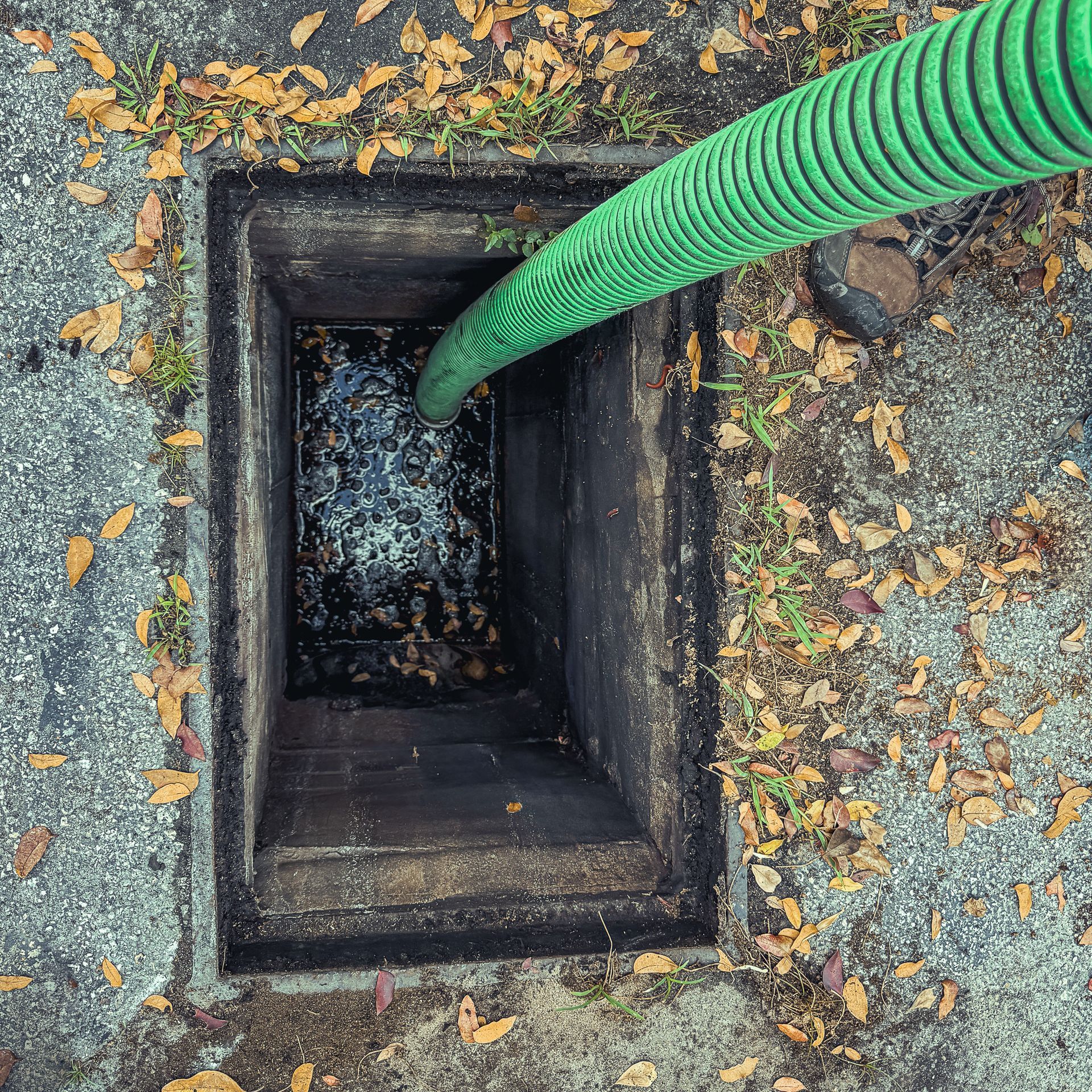 A green hose is being used to pump water into a manhole cover.
