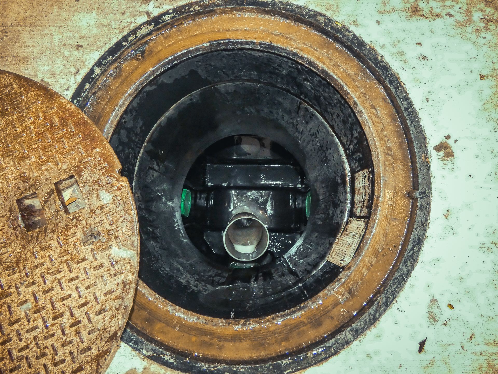 A manhole cover is open and a pipe is coming out of it.