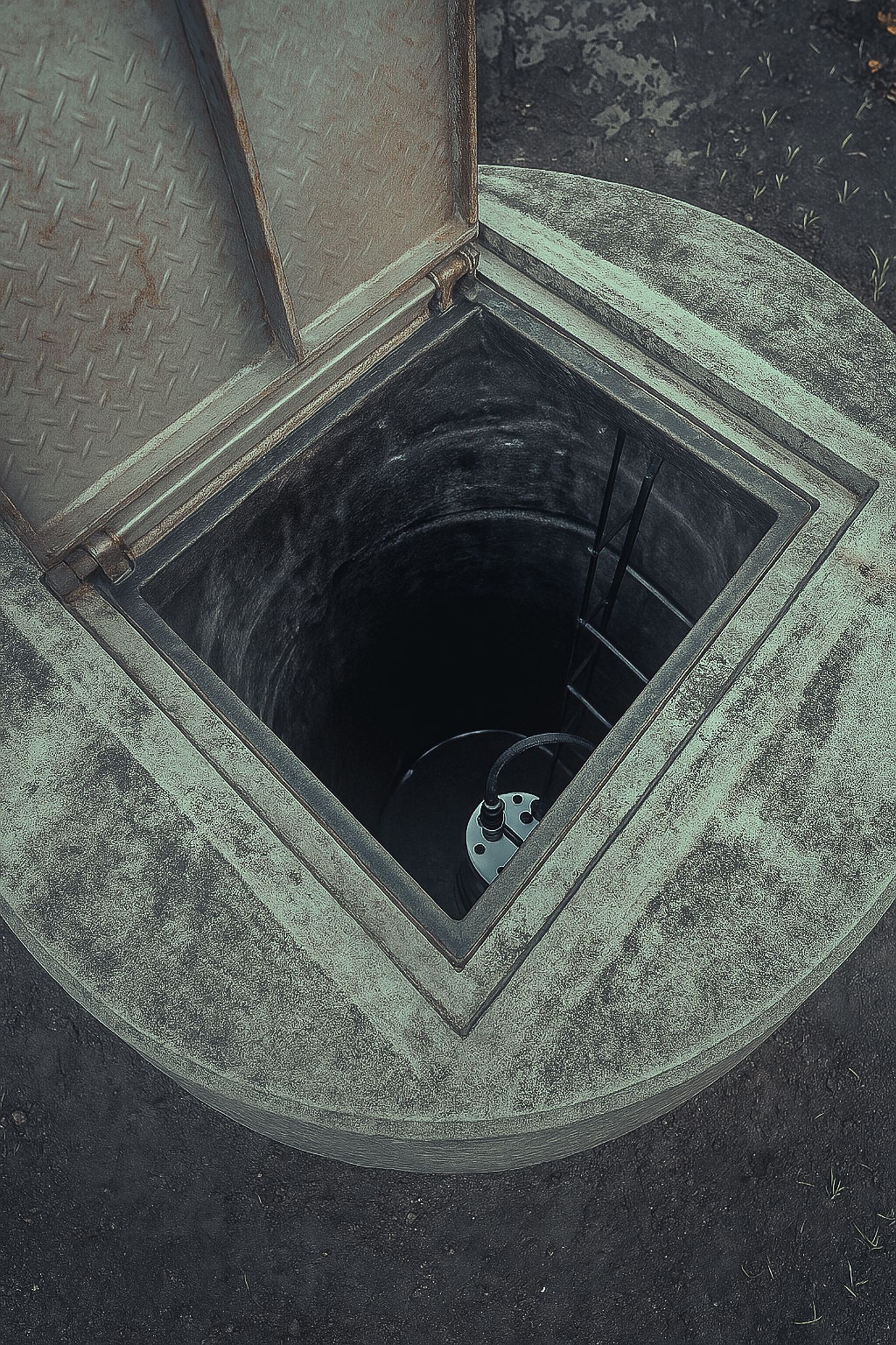 A manhole cover with a ladder leading to a hole in the ground.