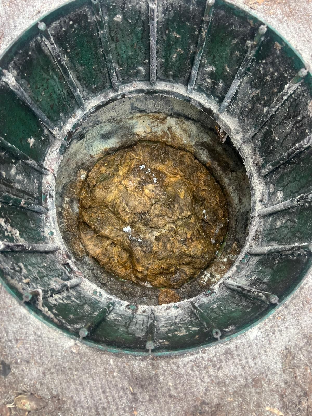A close up of a hole in the ground with a rock in it.