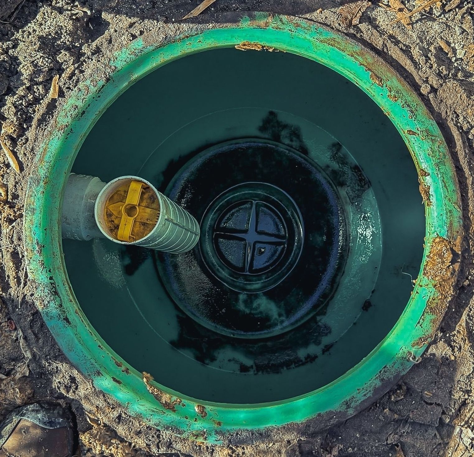 A close up of a green drain with a hole in the middle.