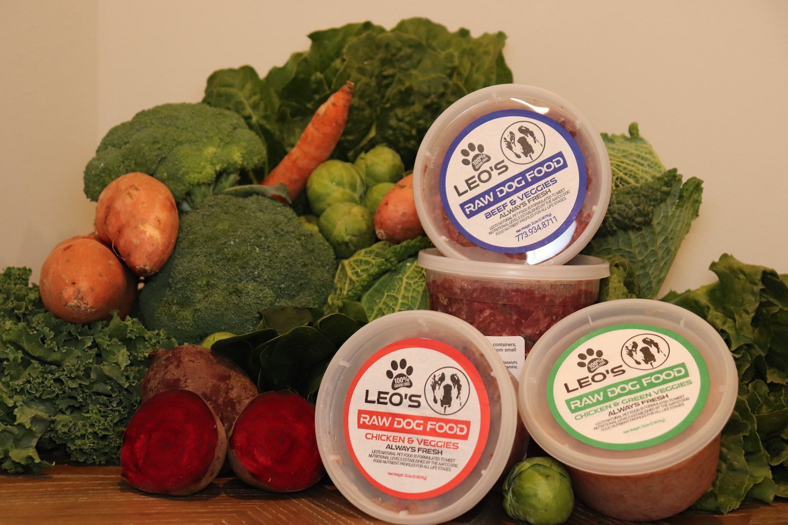 Containers of raw dog food with vegetables: carrots, broccoli, beets, and more.
