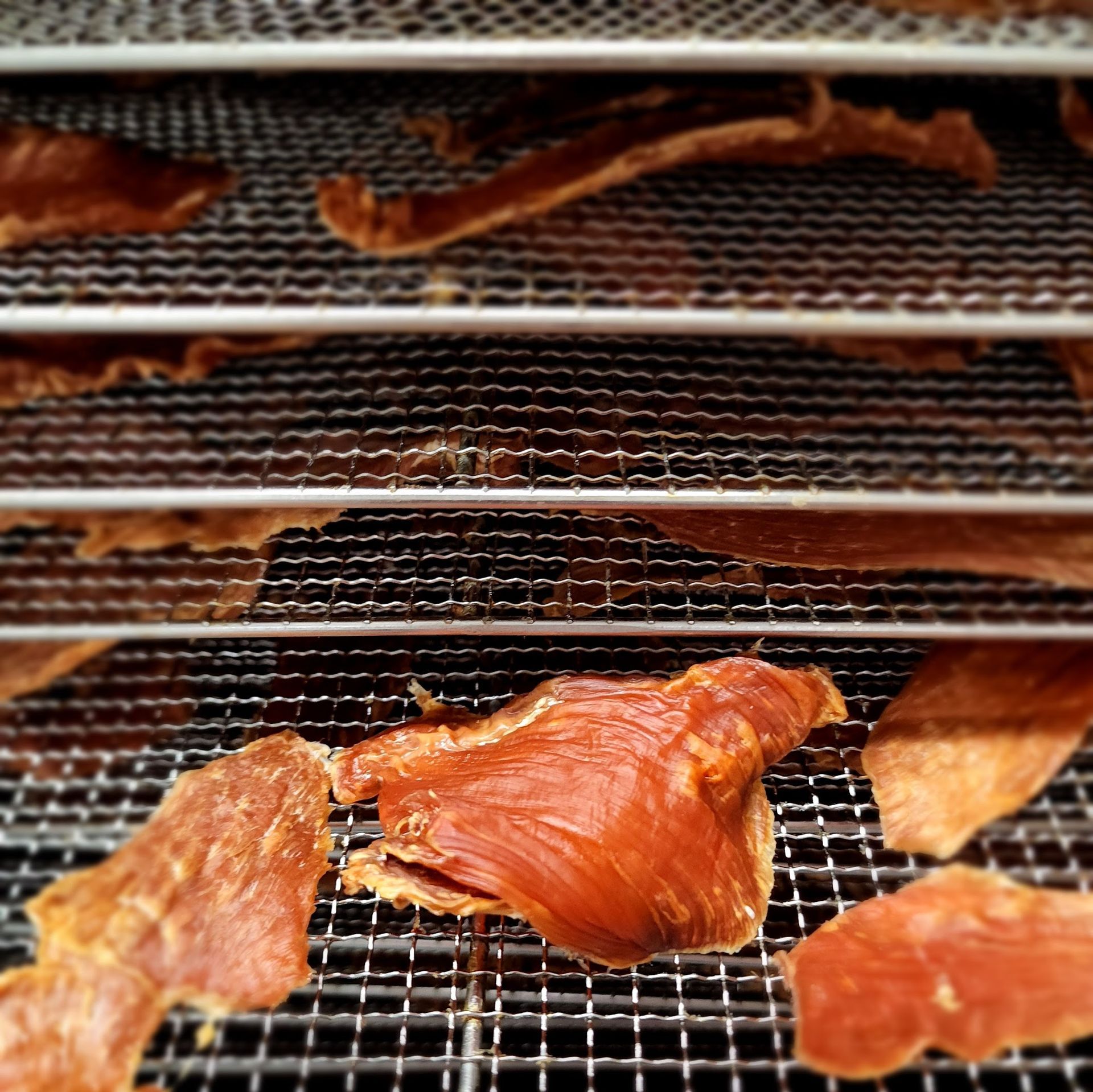 Meat jerky on metal racks in a dehydrator.