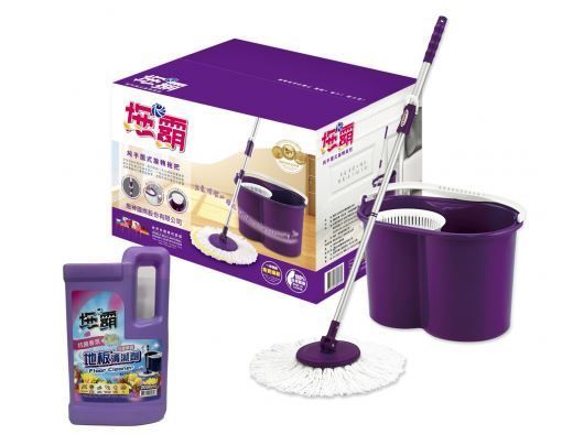 拖霸 手壓式伸縮旋轉拖把組(紫色)＋拖霸 小蒼蘭香地板清潔劑 2000ML