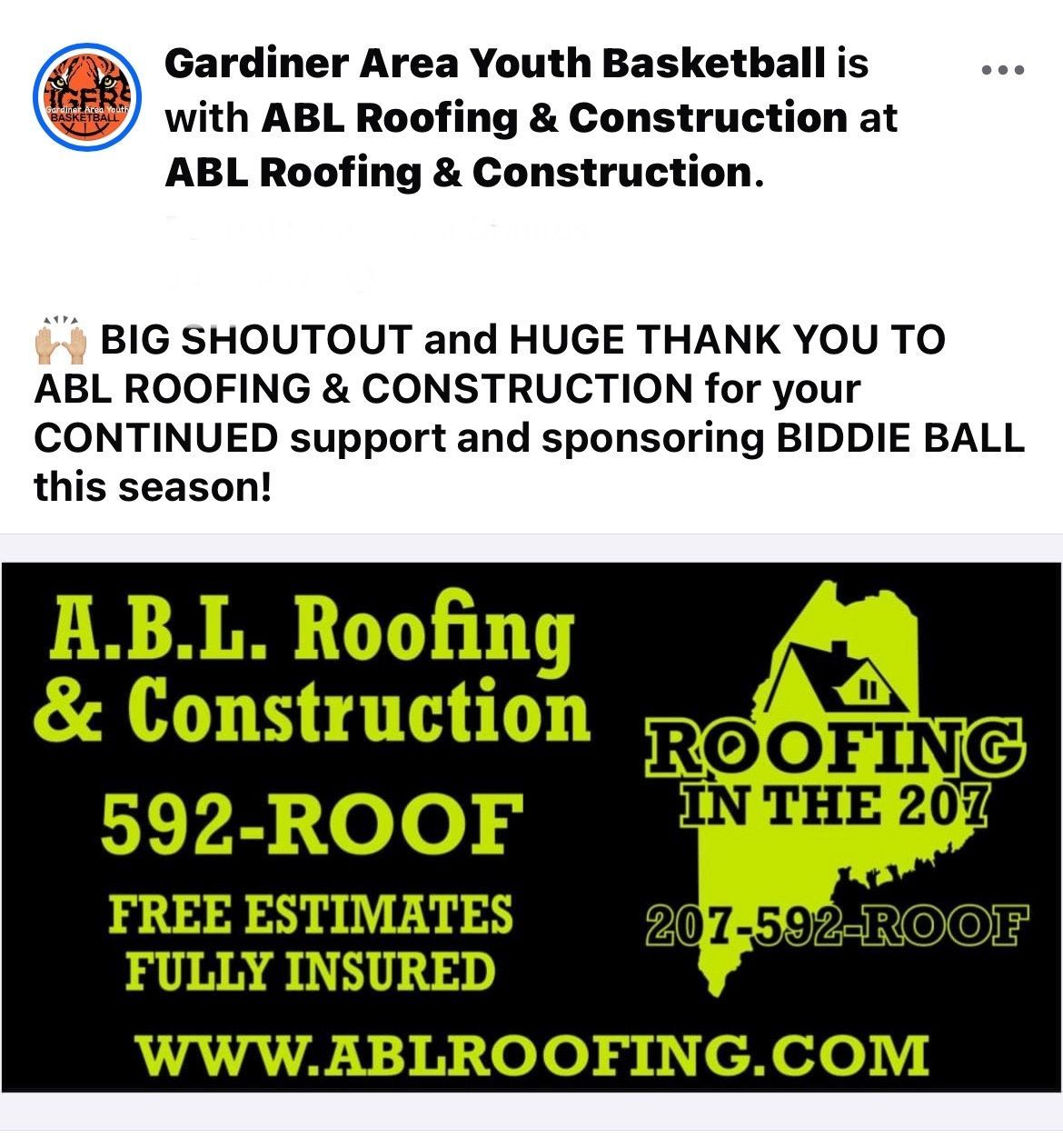 Gardiner area youth basketball is with abl roofing & construction at abl roofing & construction