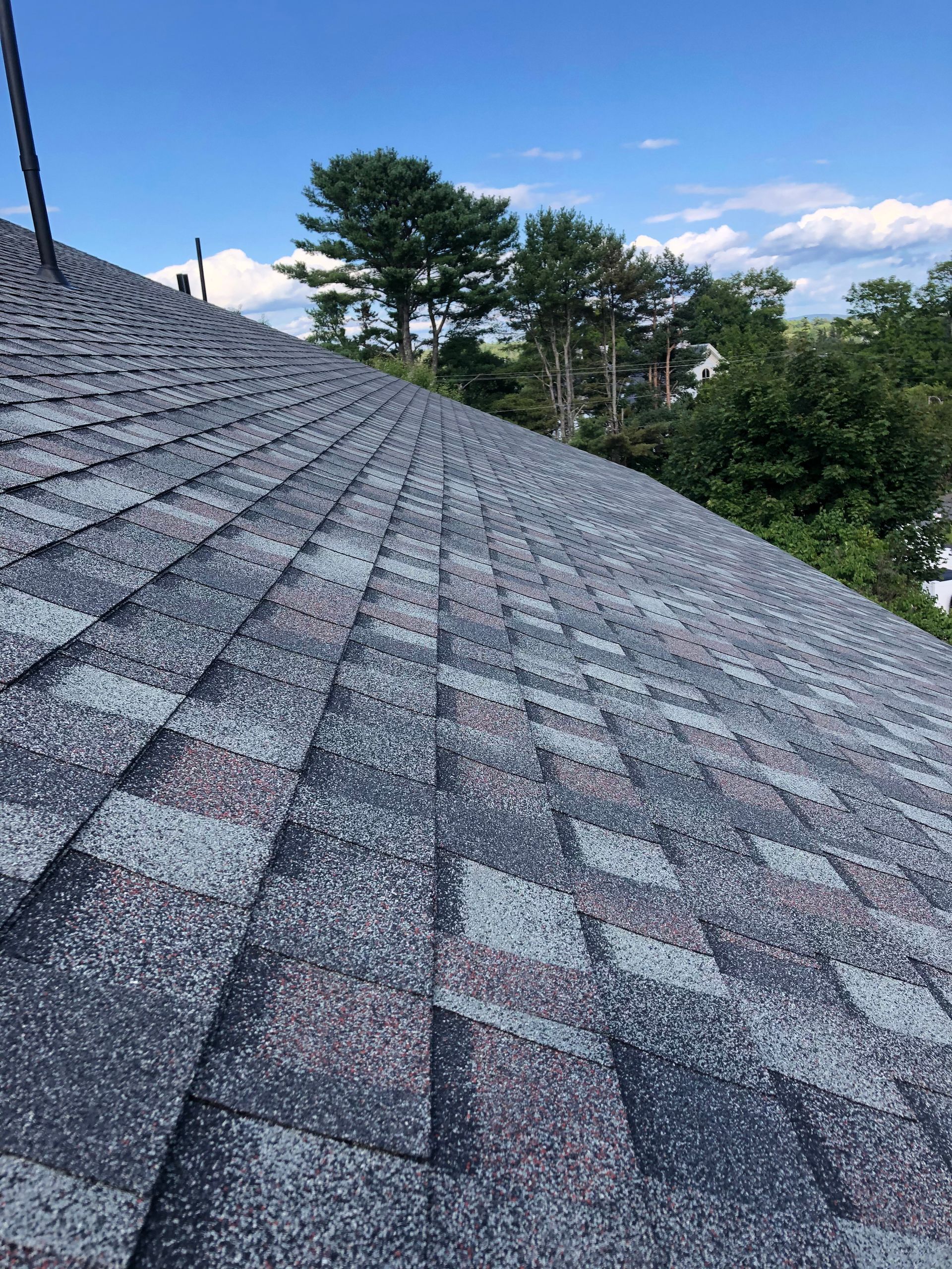 A close up of a roof with a blue sky and trees in the background.