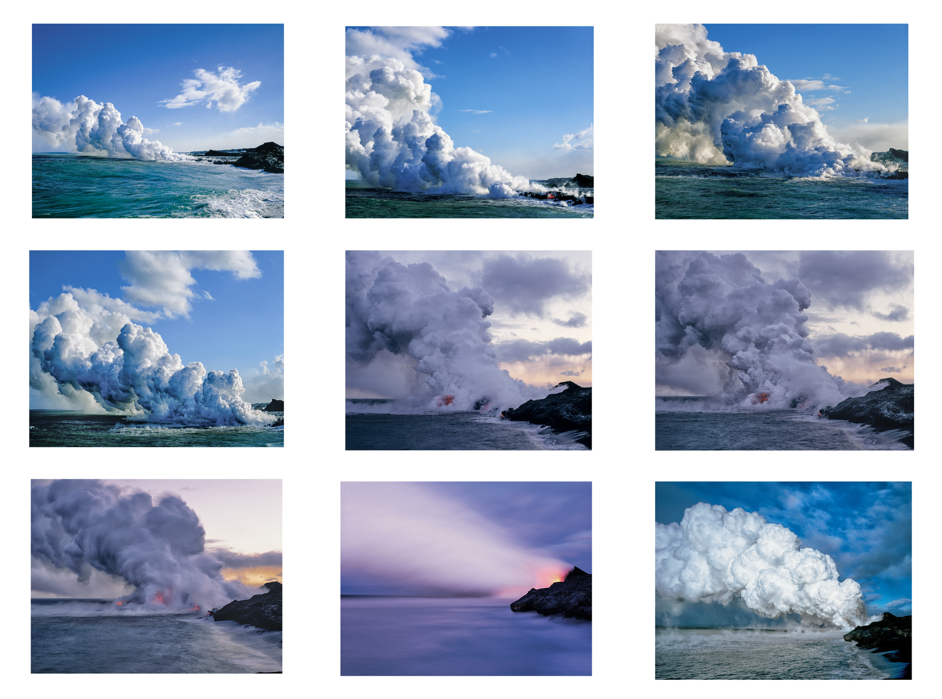 A collage of pictures of a volcano erupting into the ocean