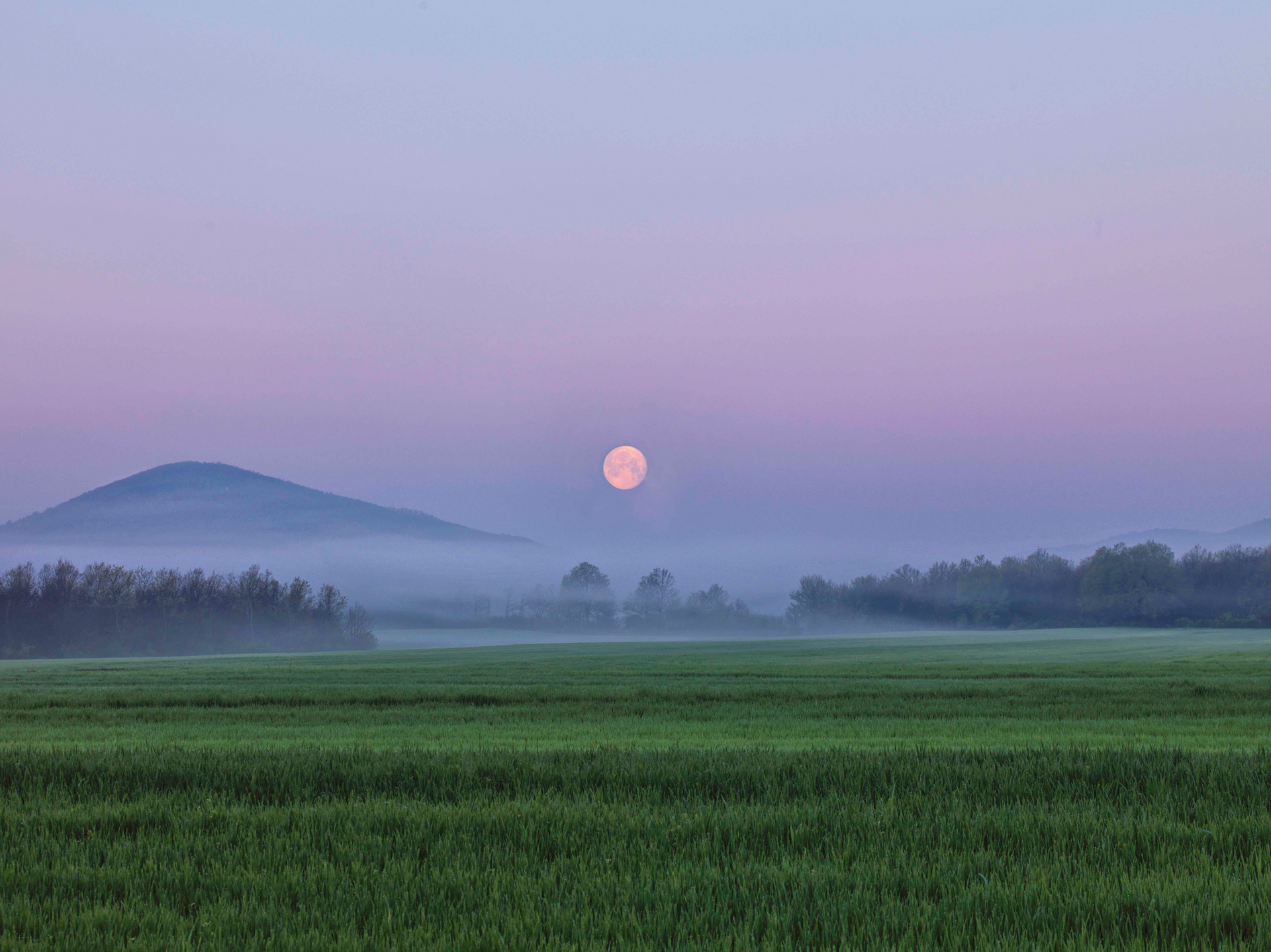 The moon is rising over a foggy field with mountains in the background.
