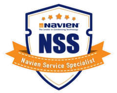 Navien Service Specialist logo: Blue and orange badge with text 