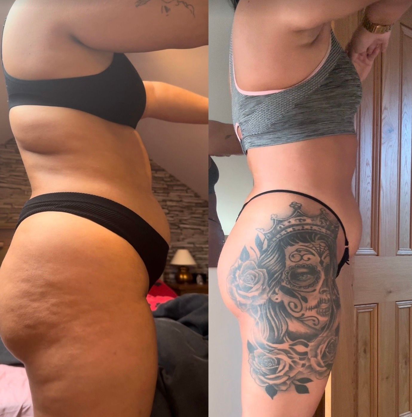 A before and after photo of a woman with a tattoo on her leg