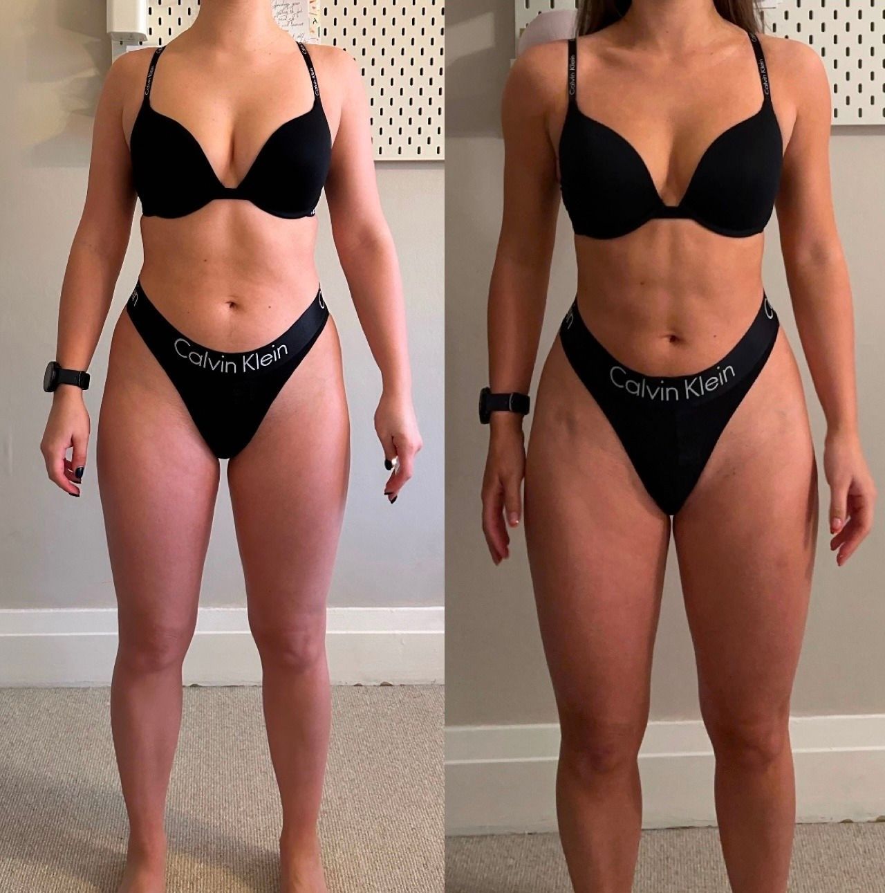 A before and after photo of a woman in calvin klein underwear