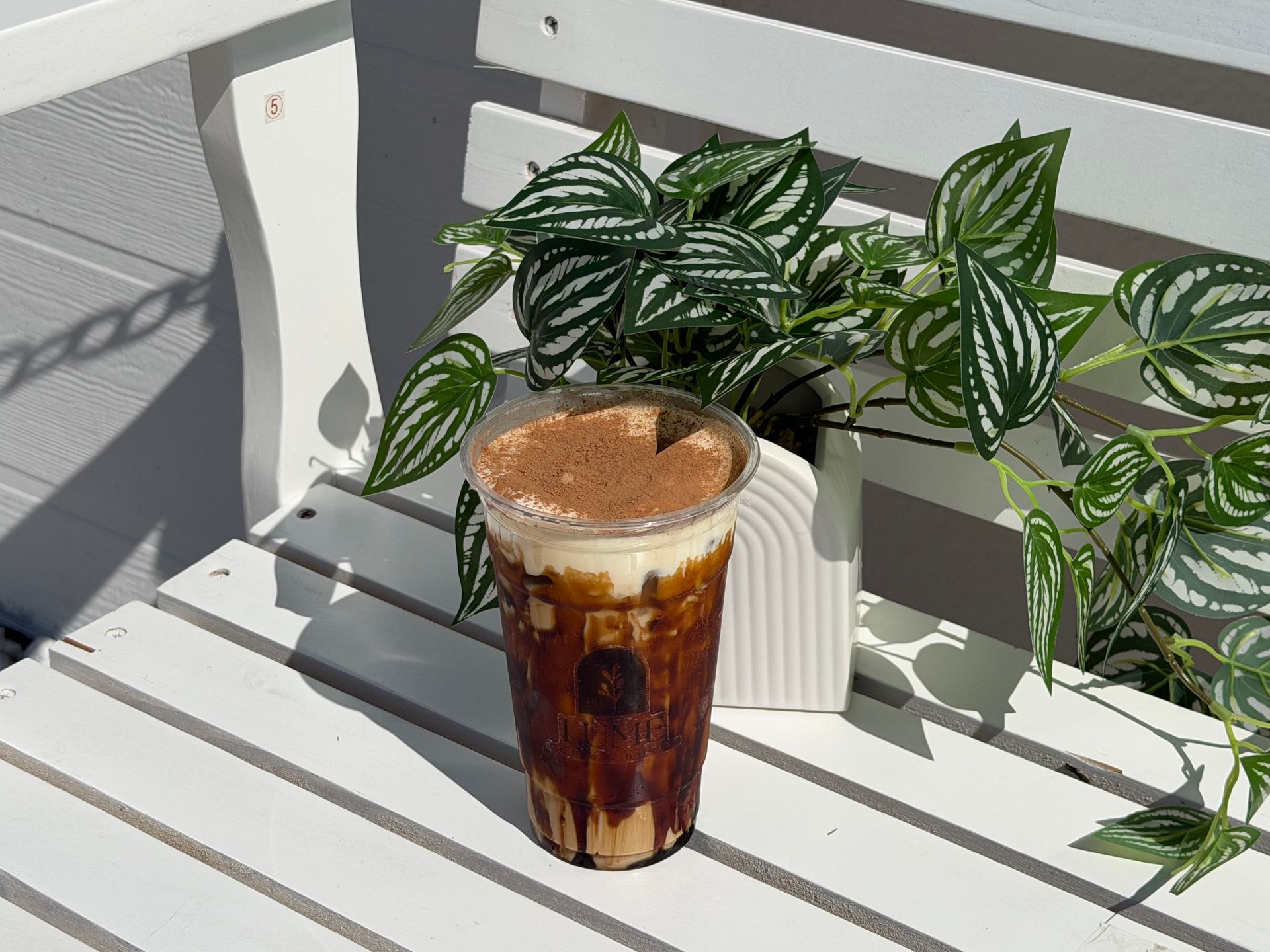 Iced green drink with frothy top on a white outdoor table beside a leafy plant