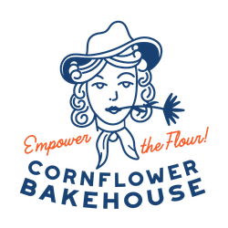 The logo for cornflower bakehouse shows a woman holding a flower in her mouth.
